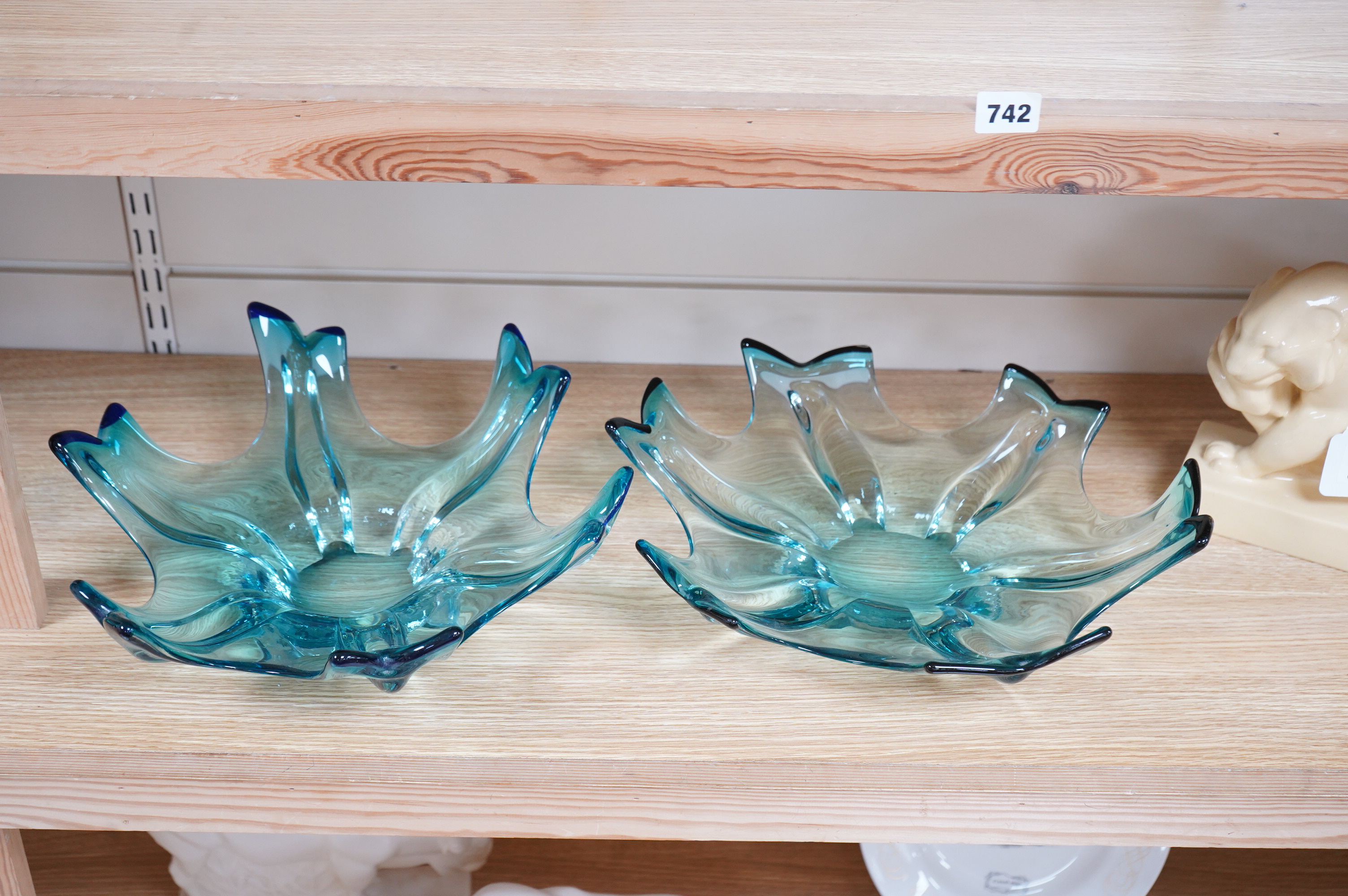 Two 1950's/60's Murano glass ‘rain drop’ blue glass dishes, 37cm in diameter